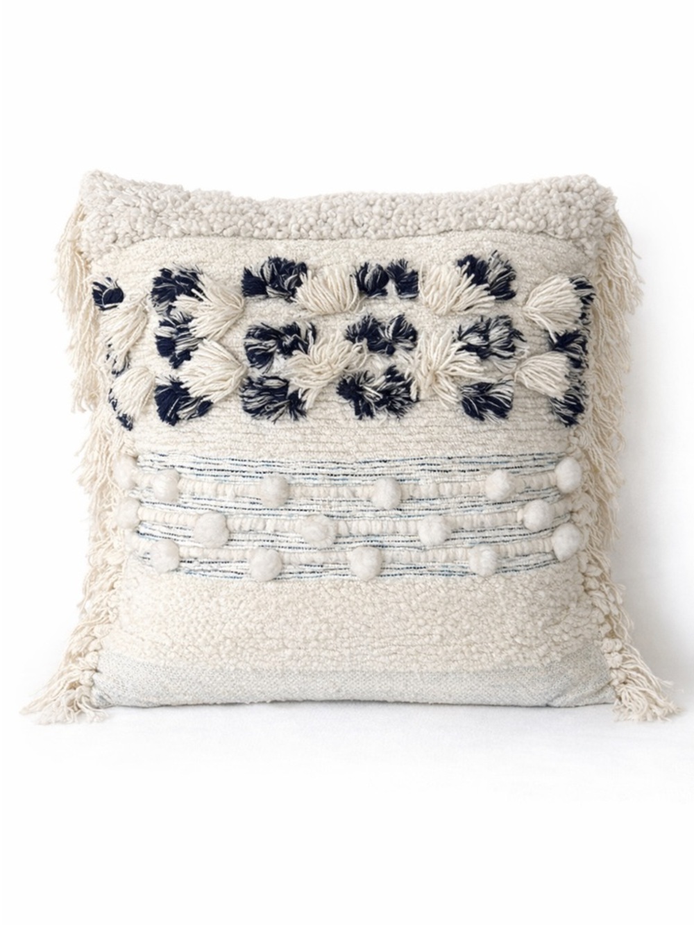Anthropologie Cream and Navy Textured Pom-Pom Throw Pillow